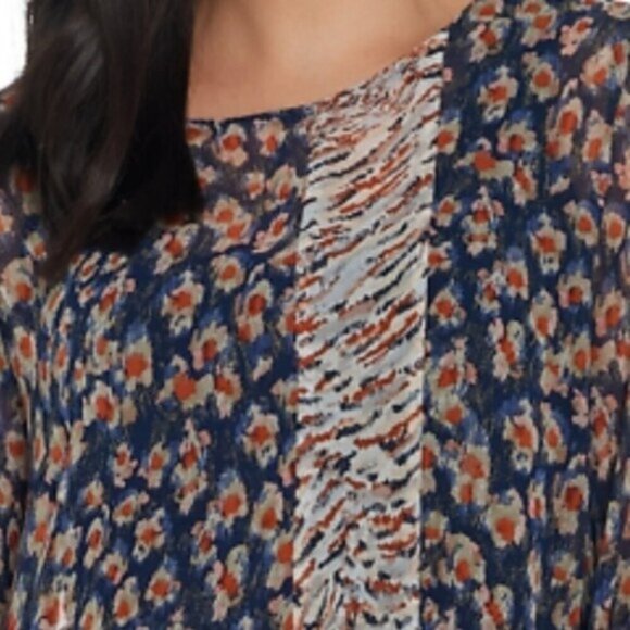 LOGO by Lori Goldstein floral Blouse sheer Patchwork Ruffles Blue women S boho - Picture 6 of 11